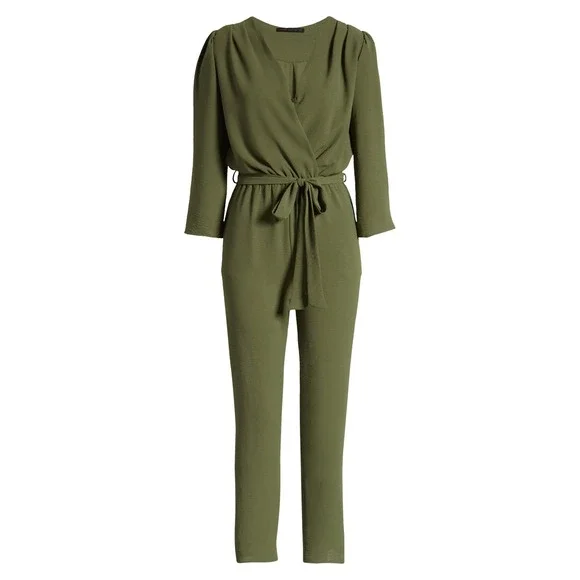 Fraiche by J Olive Green Wrap Waist Tie Jumpsuit Women Size L - Picture 3 of 10